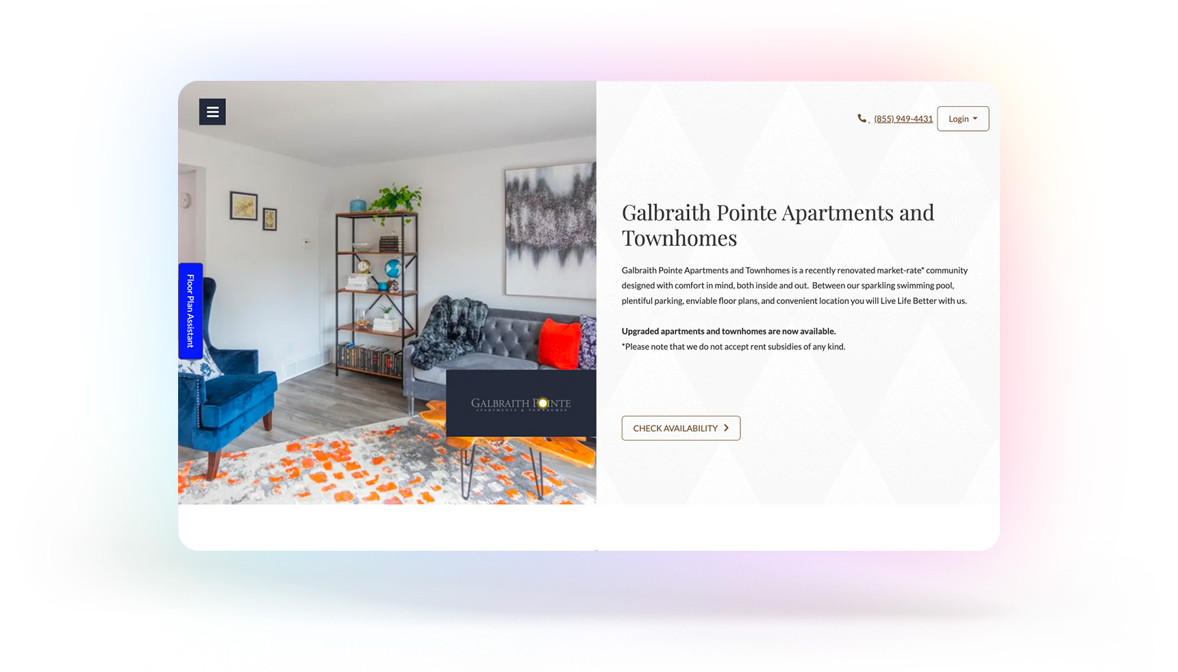 Screenshot of Galbraith Pointe Apartments website against a gradient background