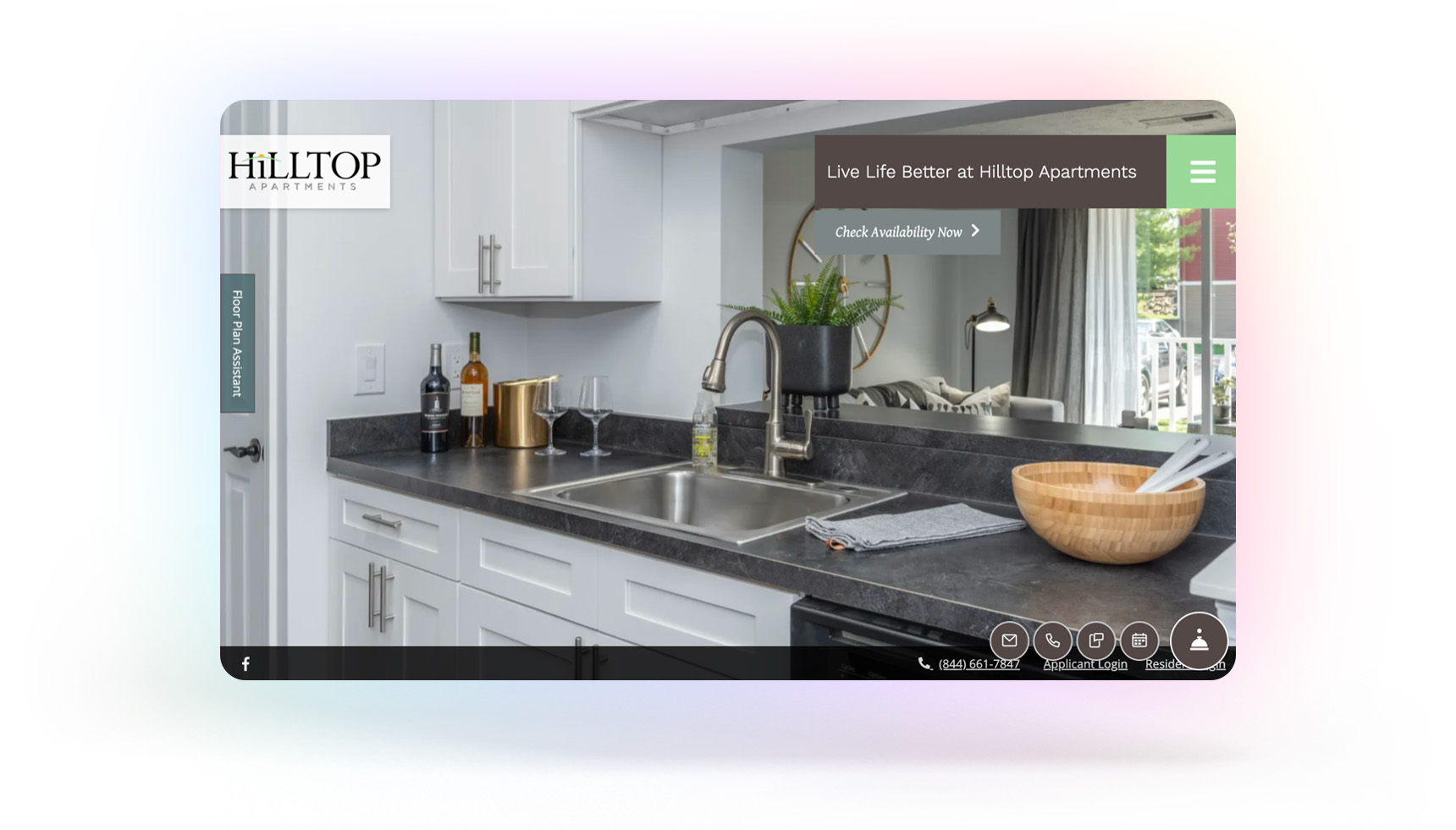 Screenshot of the Hilltop Apartment Homes website, a RentCafe template website adapted to fit Towne Properties' branding