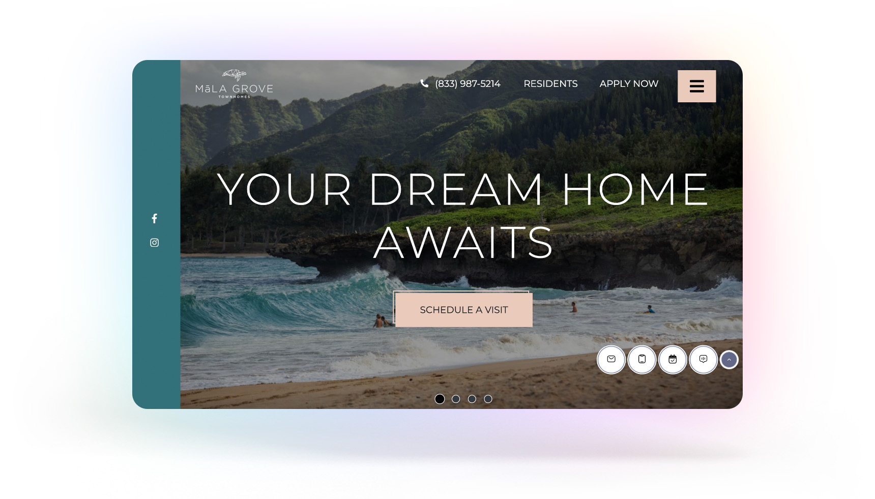 Screenshot of the Mala Grove Townhomes website homepage against a gradient background