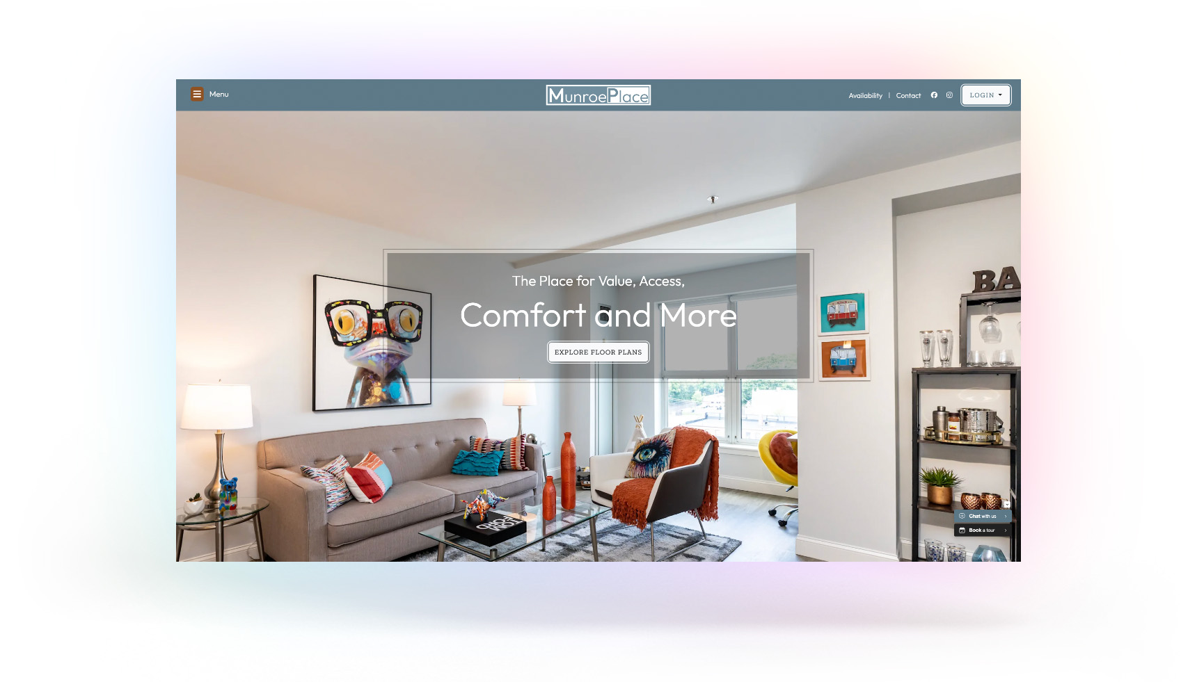 Screen shot of the Munroe Place website homepage against a gradient background