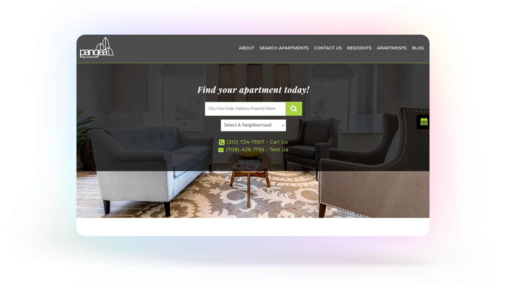 Screenshot of the Pangea Real Estate website homepage against a gradient background