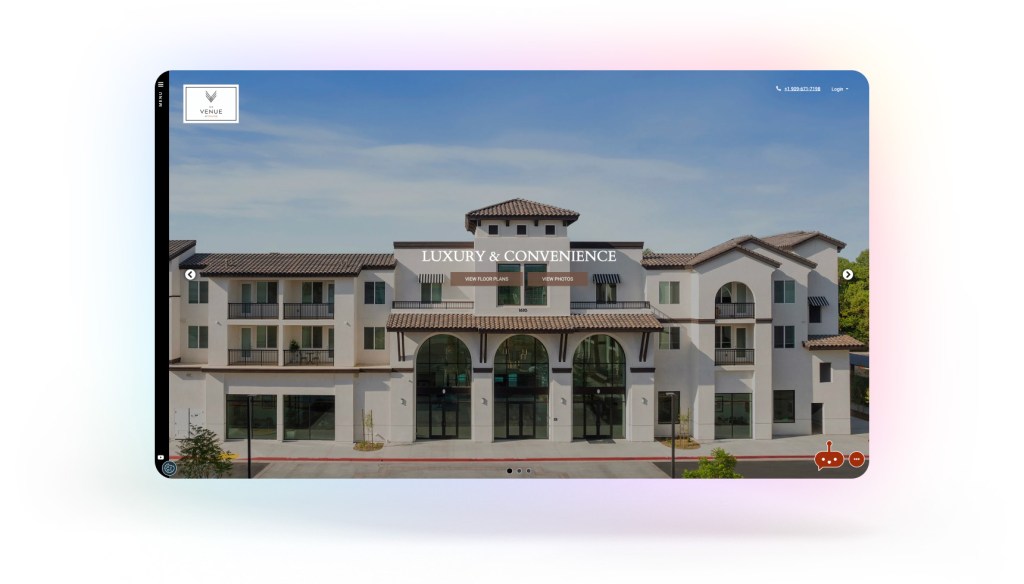 Screenshot of the Venue at Orange website homepage against a gradient background