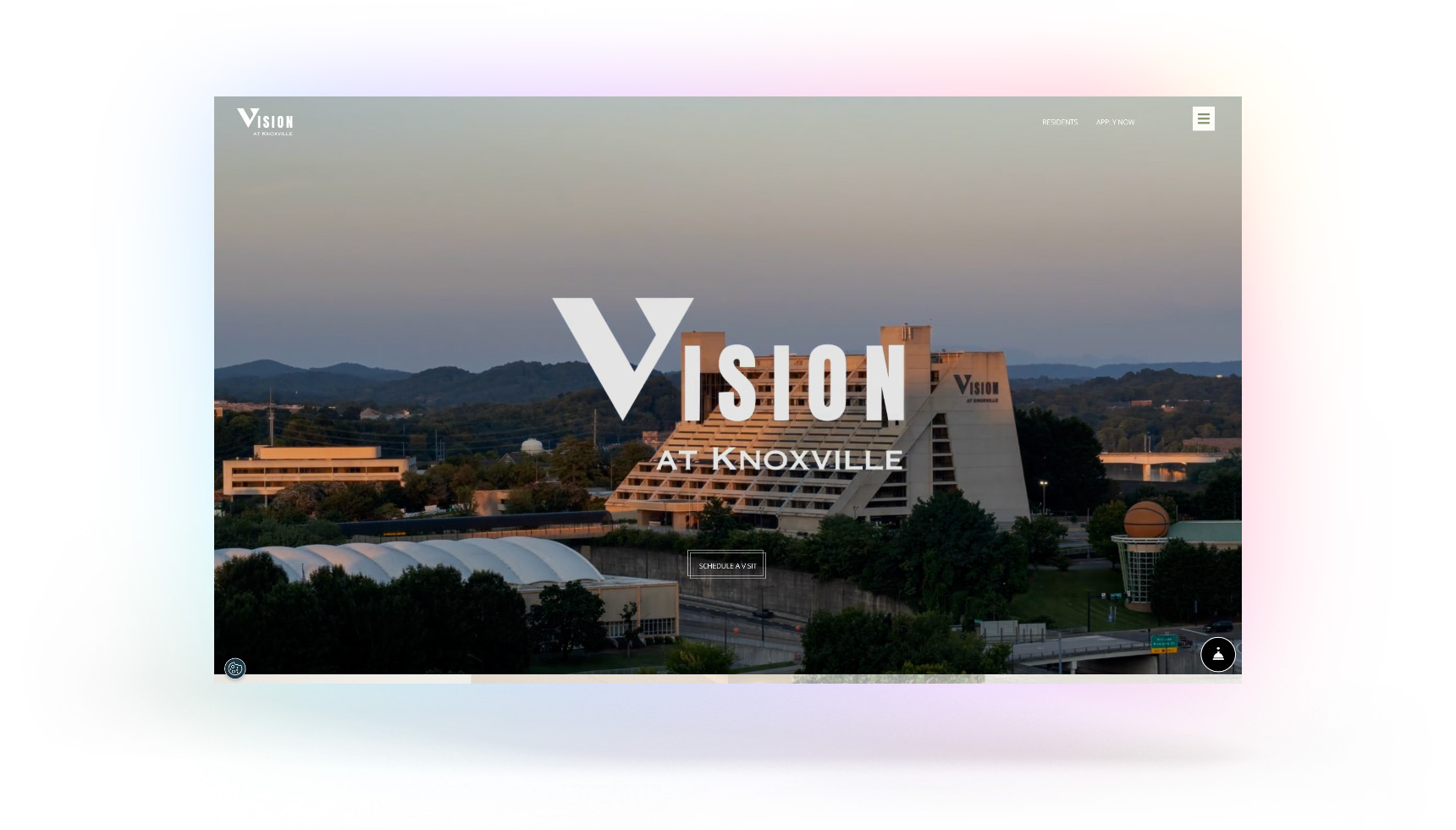 Screen shot of the Vision at Knoxville website homepage against a gradient background