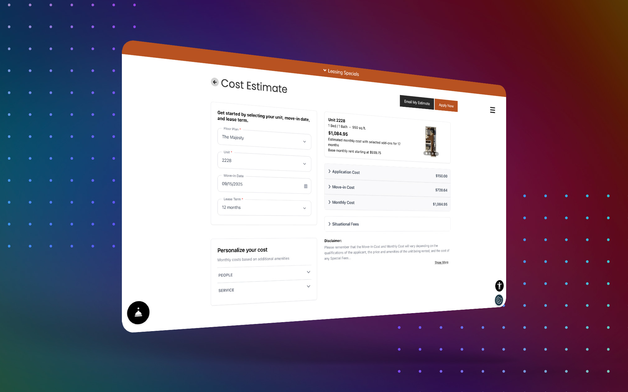 screengrab of cost estimate tool on a RentCafe website