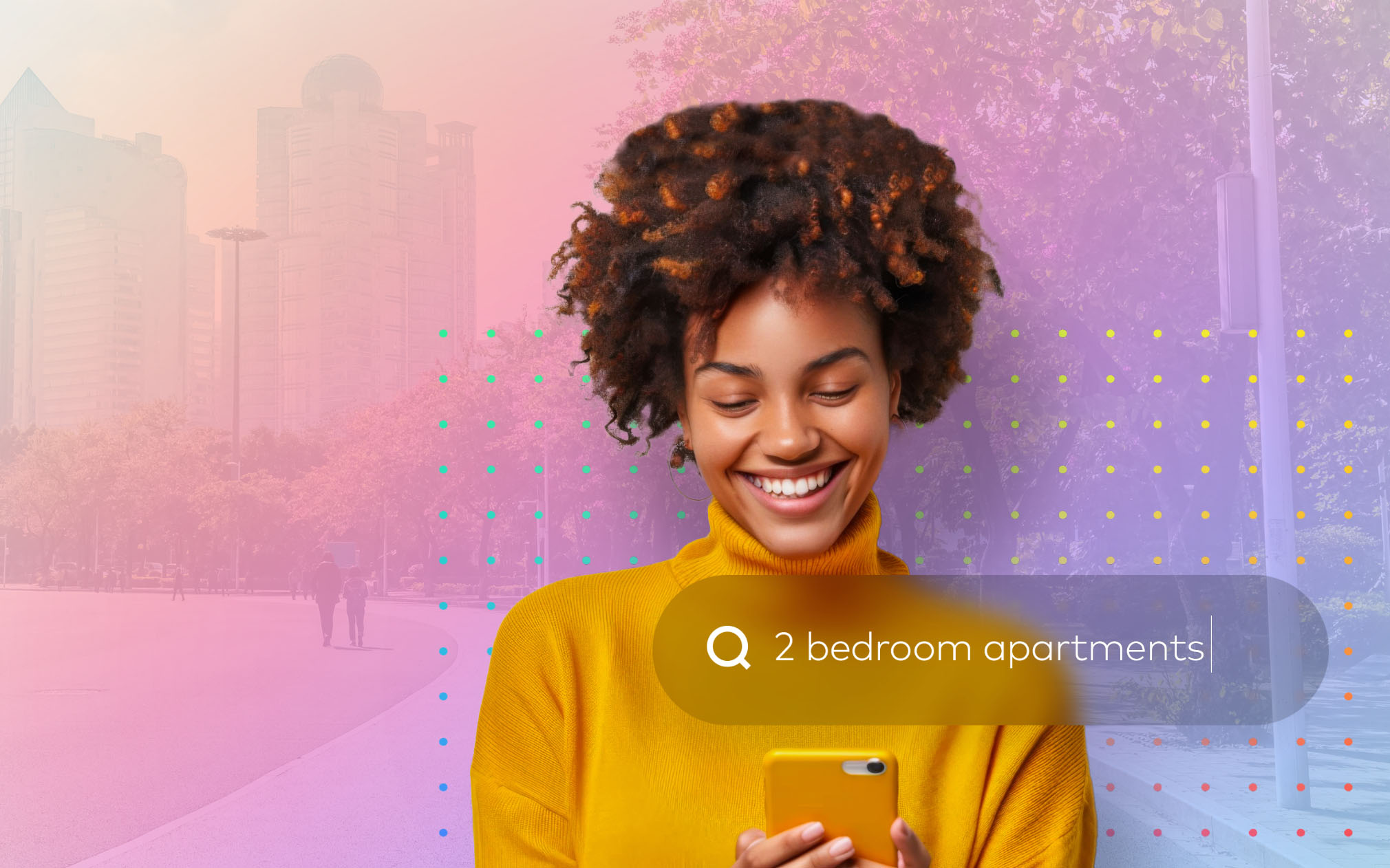 woman scrolling on a phone searching online for a 2 bedroom apartment
