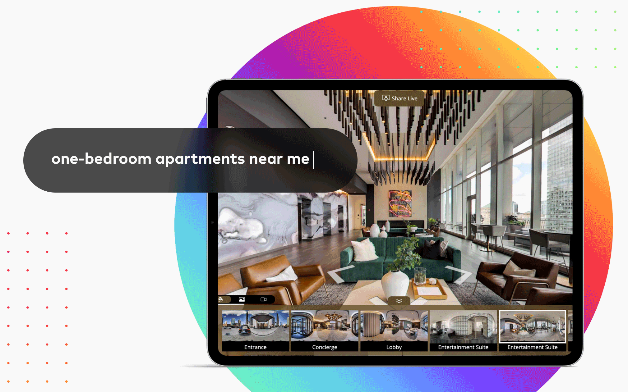 Online search that says "best apartments near me" over a rainbow circle with a device showing a virtual tour