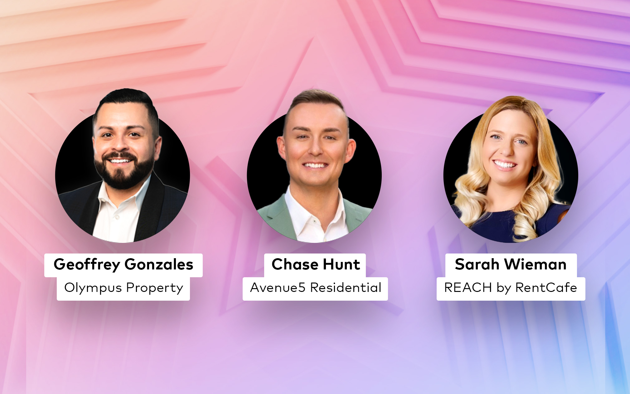 Headshots and titles for Geoffrey Gonzales, Chase Hunt and Sarah Wieman over a pink star background