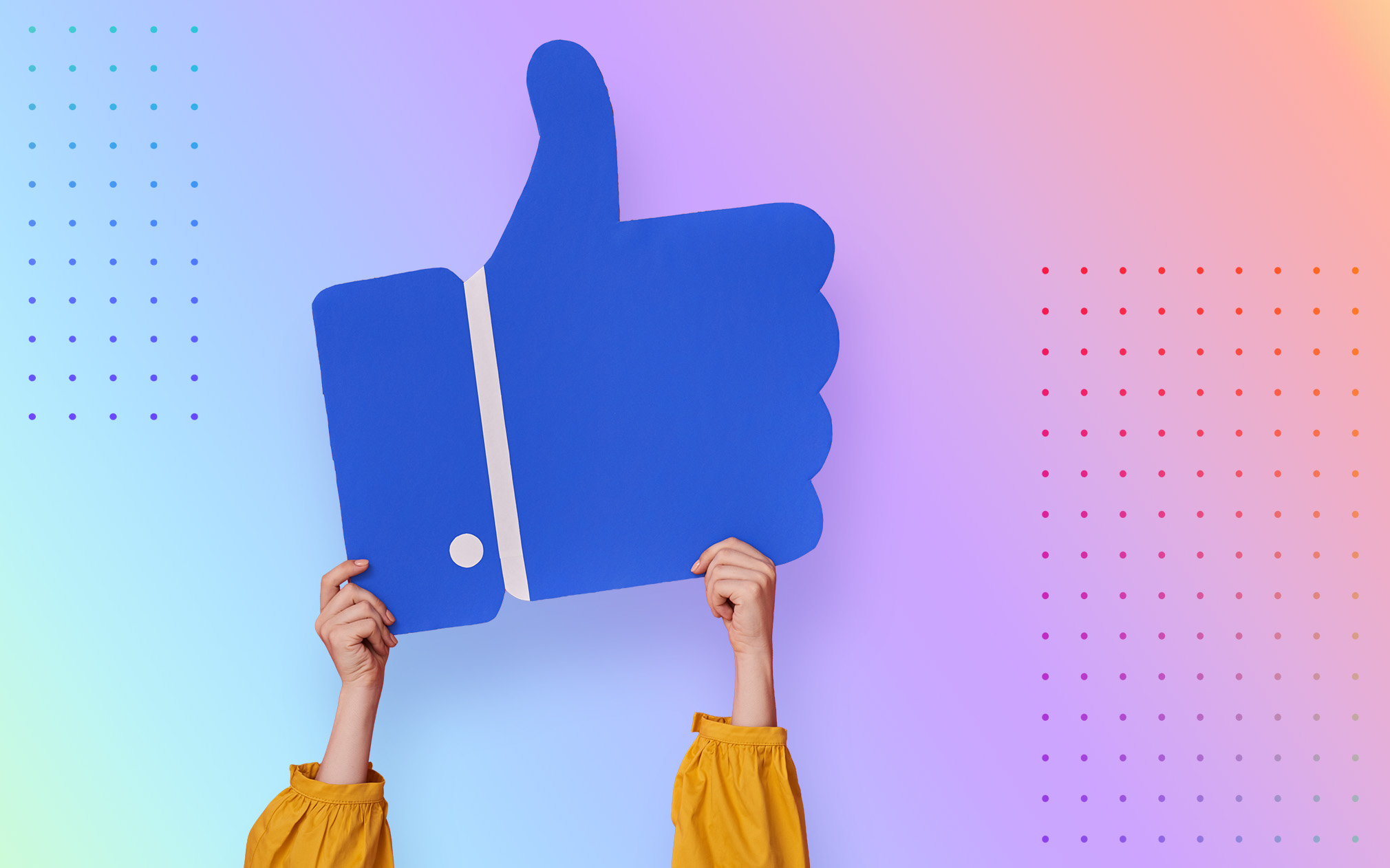 person holding a Facebook "like" button, which appears as a thumbs up, over a colored background