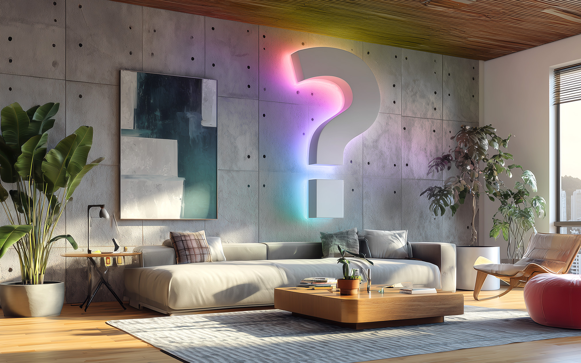 rainbow question mark in an apartment