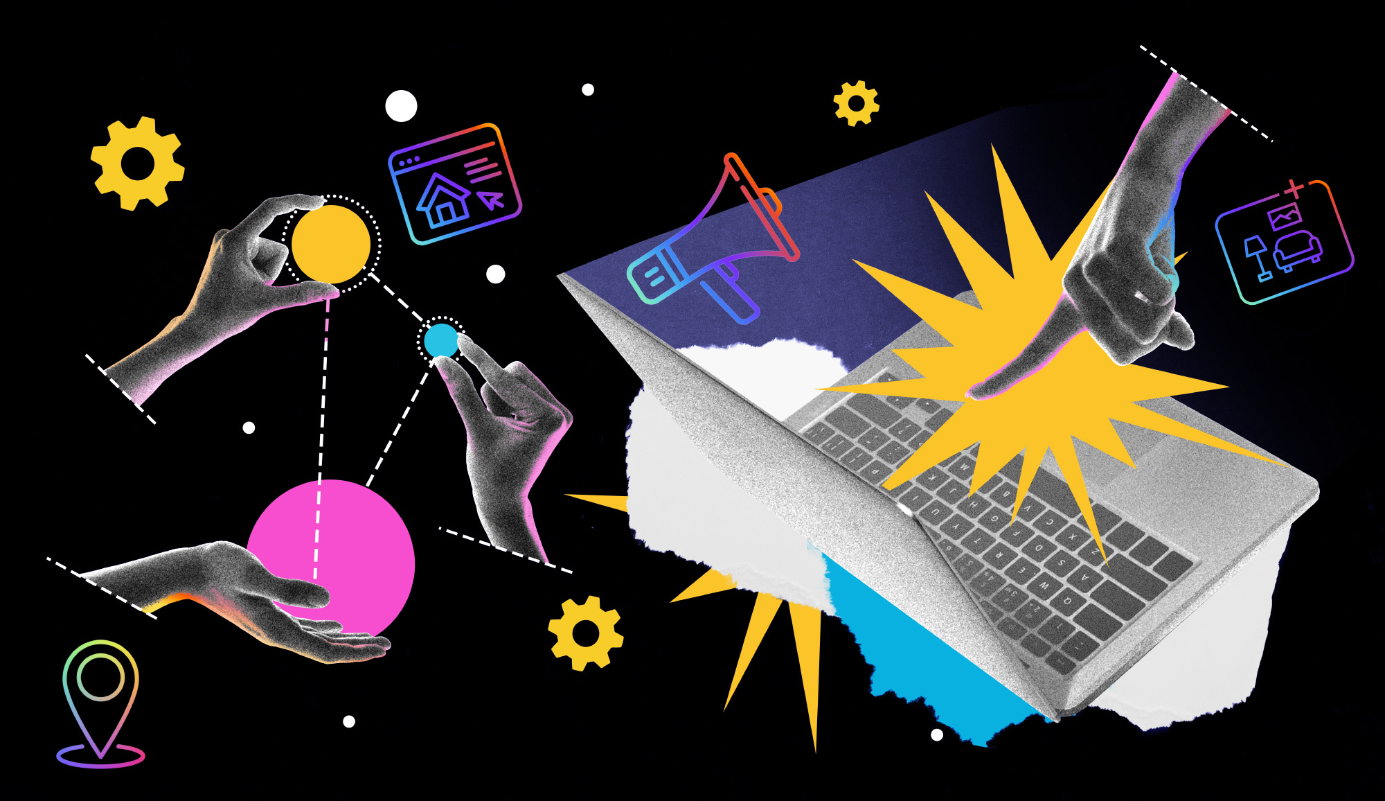 Collage over a black background that demonstrates website marketing ideas. It includes a laptop and a hand pointing at the screen, along with colorful icons
