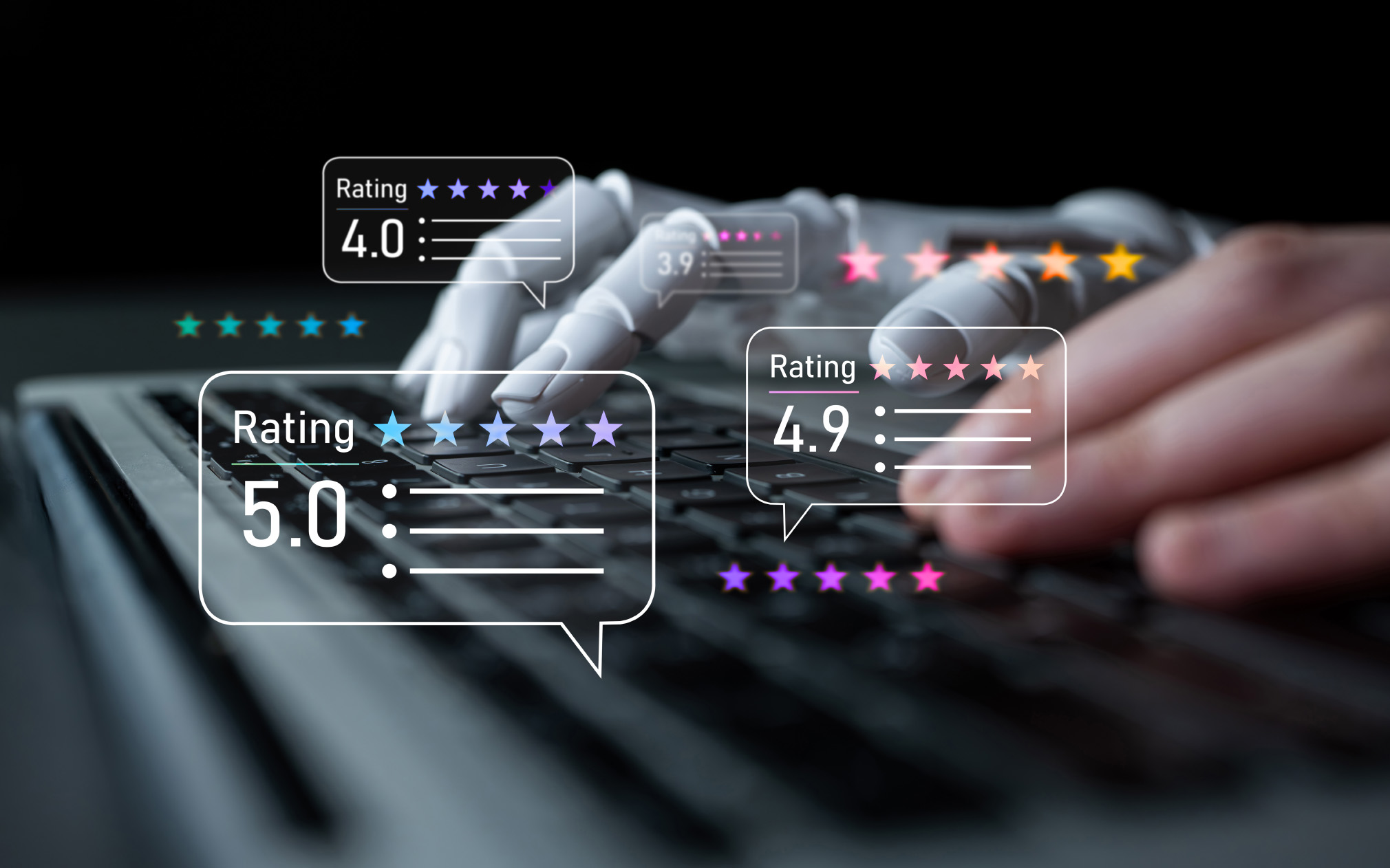 Robot and human hands typing and responding to online reviews