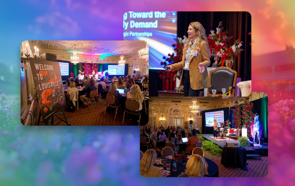 three images of Brooke Henderson presenting a keynote at Outreach Live Louisville set over a rainbow background