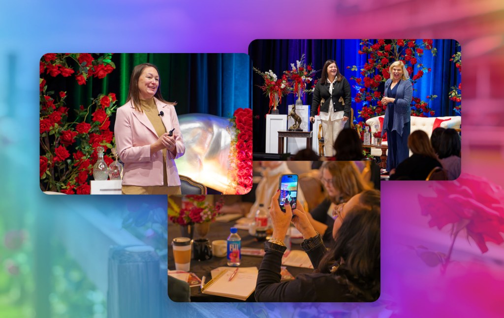 three images of presentations at Outreach Live Louisville set over a rainbow background