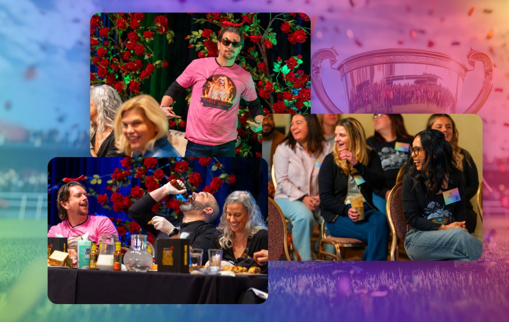 three images of the product roadmap presentation at Outreach Live Louisville set over a rainbow background