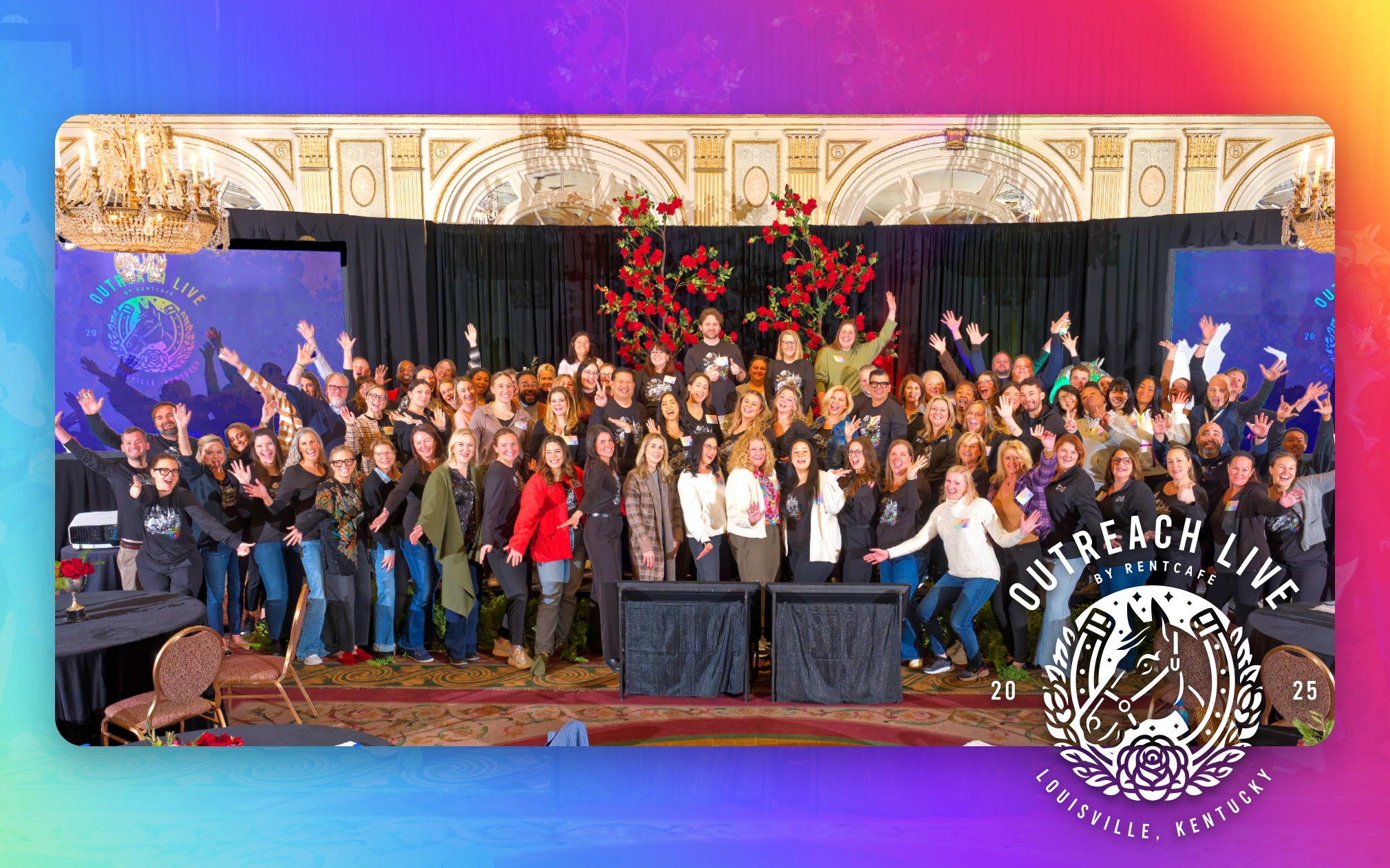 Group photo with hands up over a rainbow background next to the Outreach Live Louisville logo