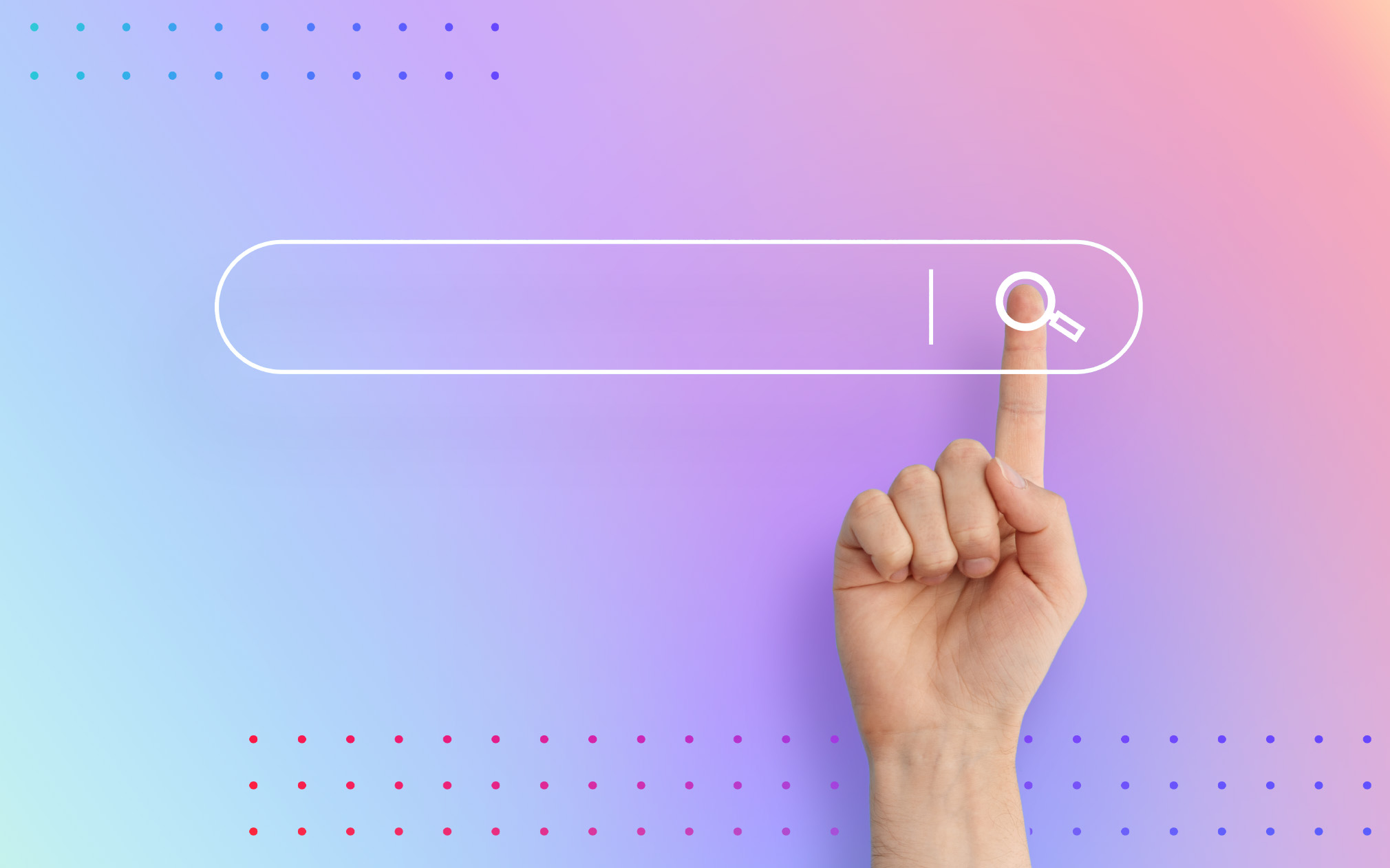 finger pointing at a search bar over a rainbow background