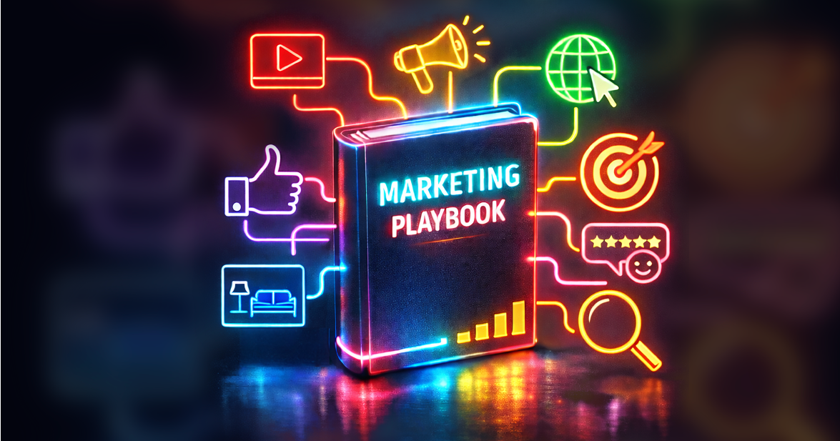 A book that says "marketing playbook" indicating a multifamily marketing plan with neon icons surrounding it to represent search marketing, reviews, advertising, visual media and social media.