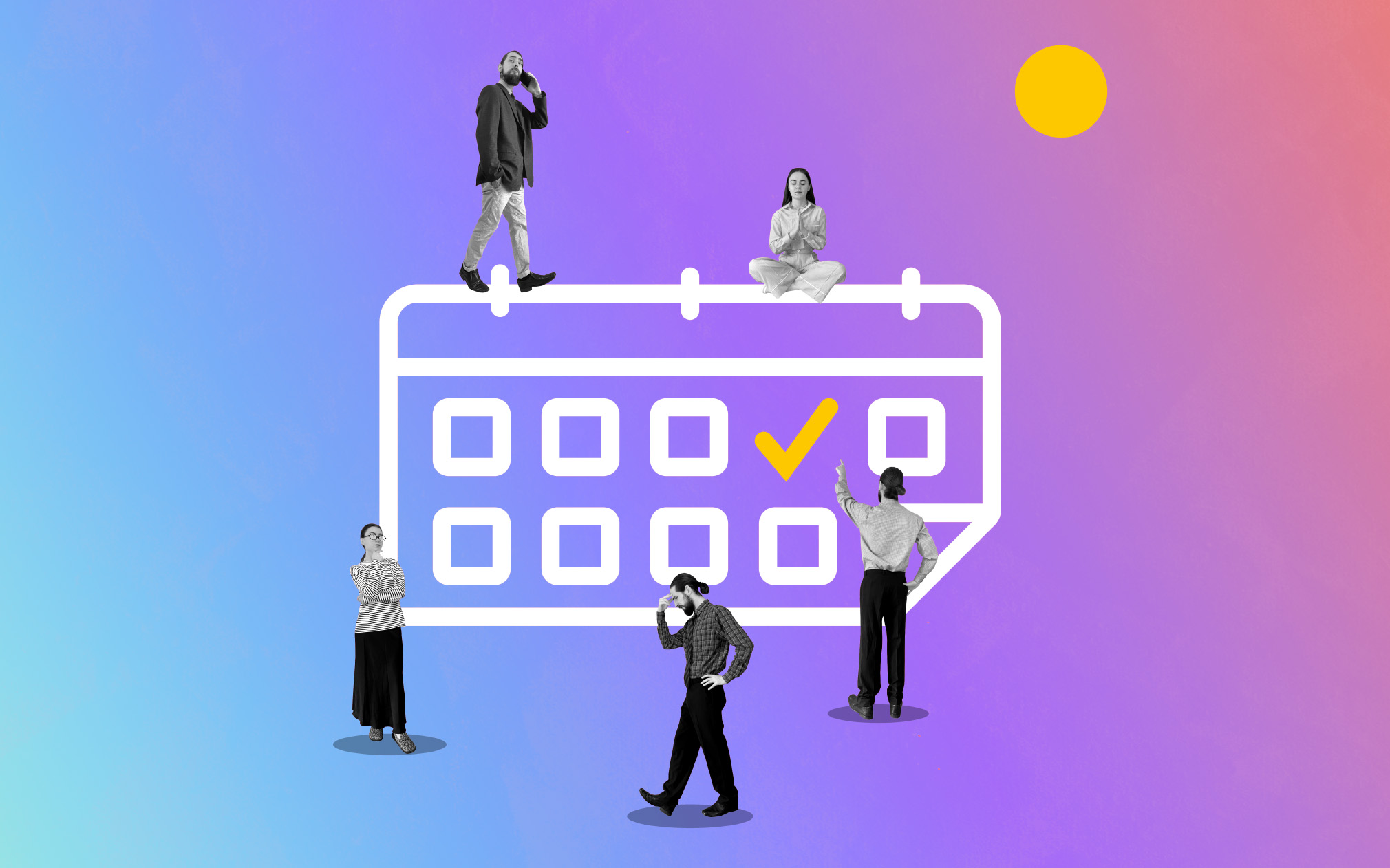 Calendar with a collage of marketing professionals getting marketing ideas for apartment communities over a rainbow background