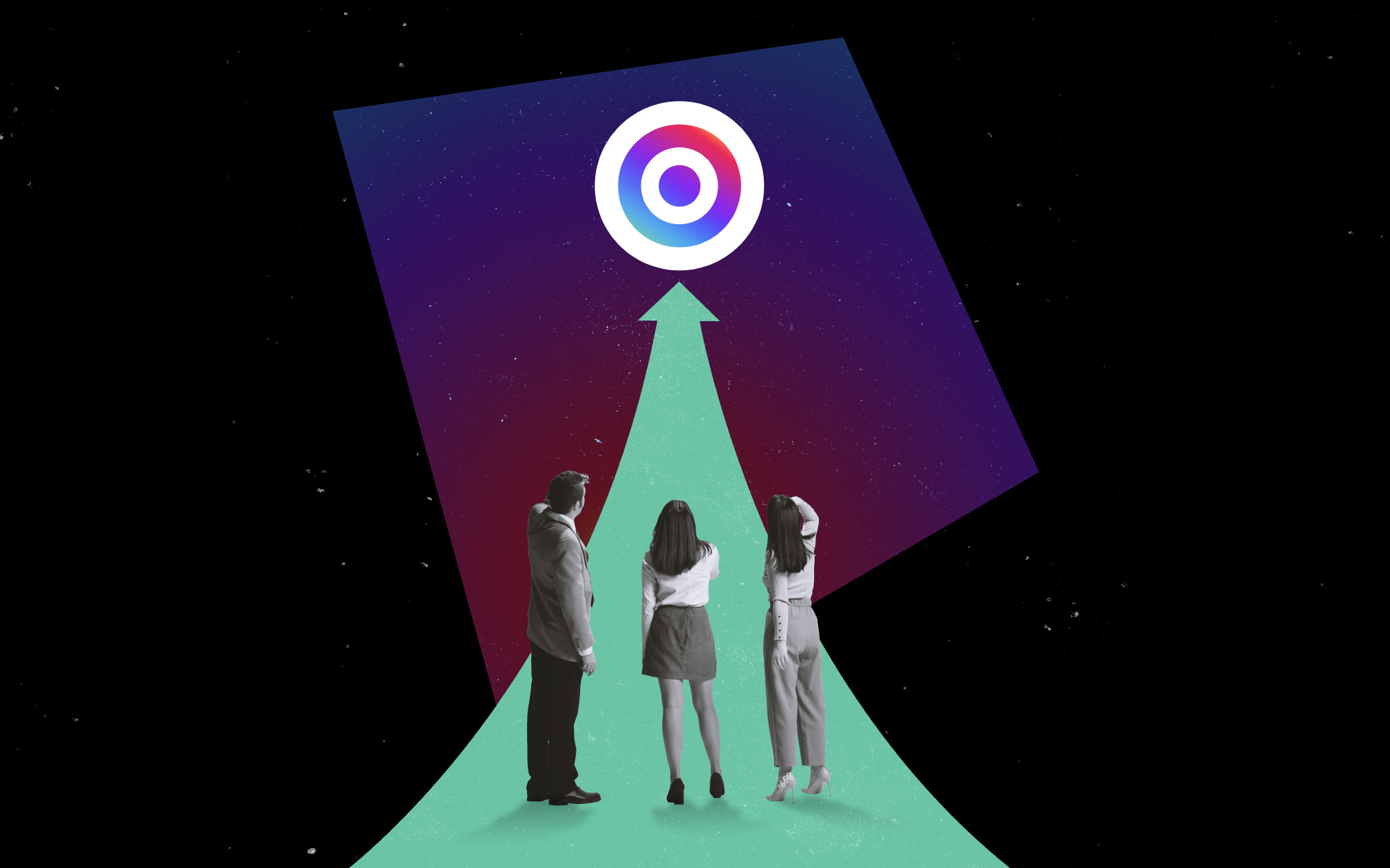 Three marketers looking at a target near green and purple shapes to evaluate PPC for multifamily