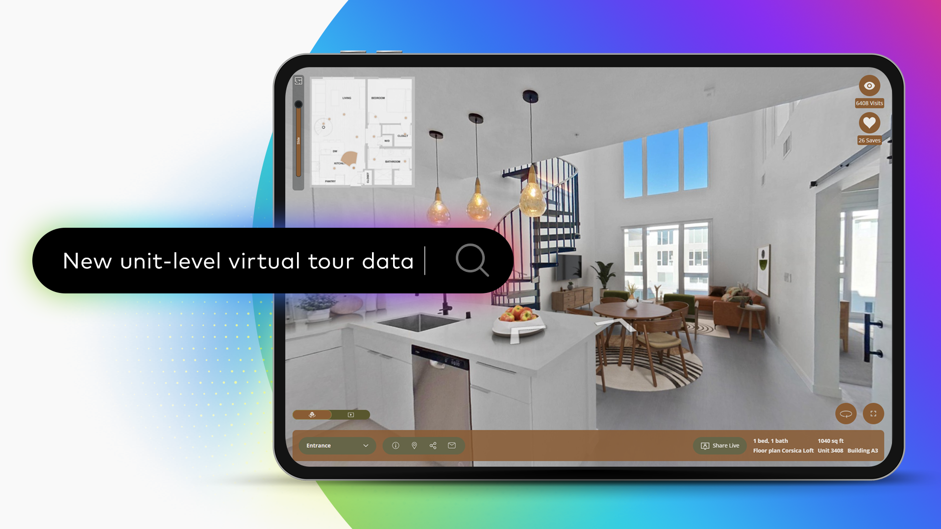 Tablet showing an apartment virtual tour next to the text "new virtual tour data"