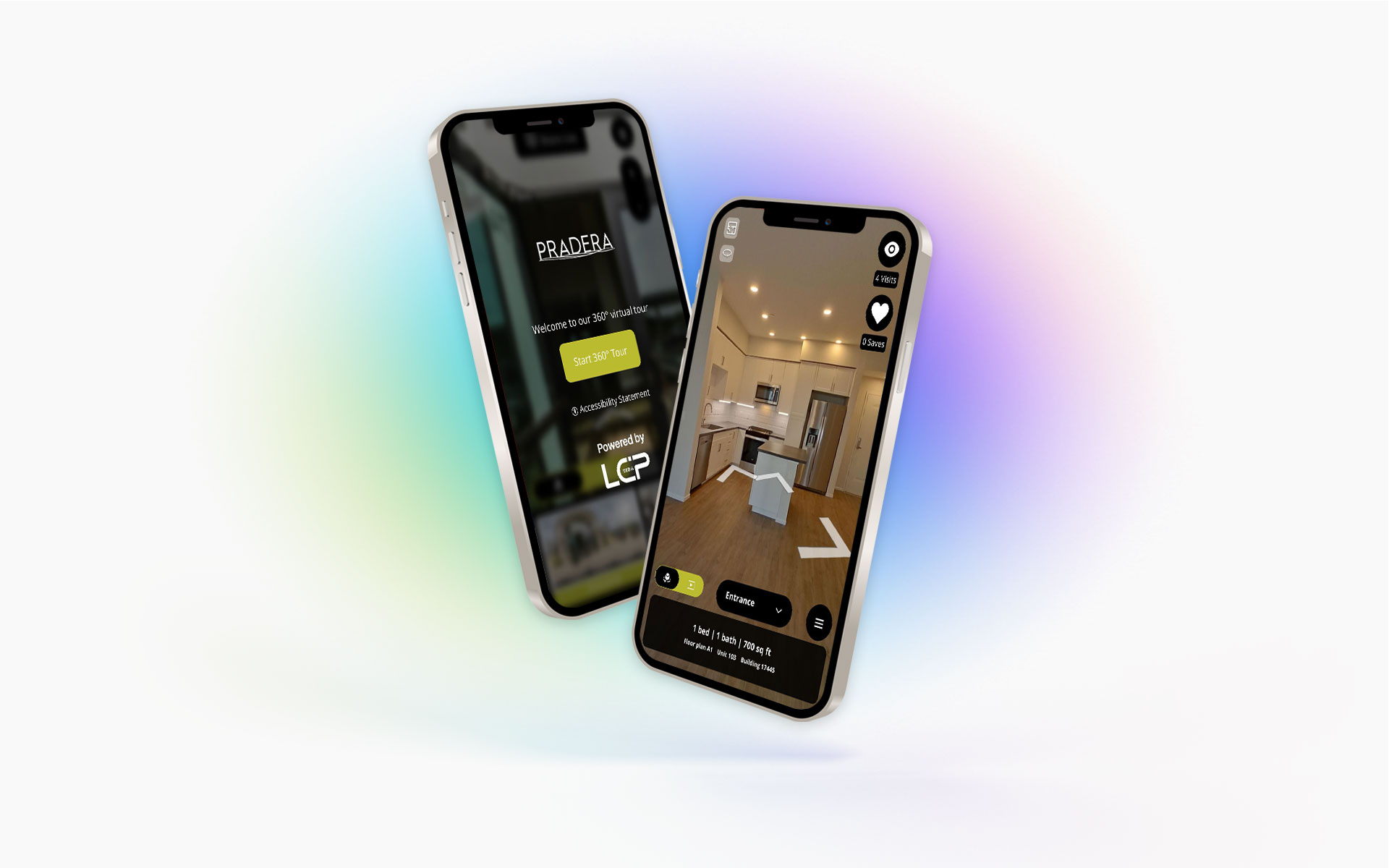 Two phones showing LCP Media unit-level virtual tours with TourBuilder Go