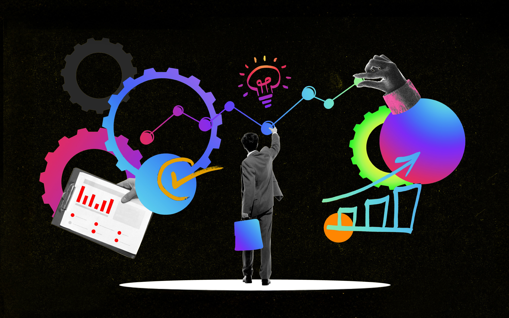 Business person pointing at colorful icons for apartment marketing metrics