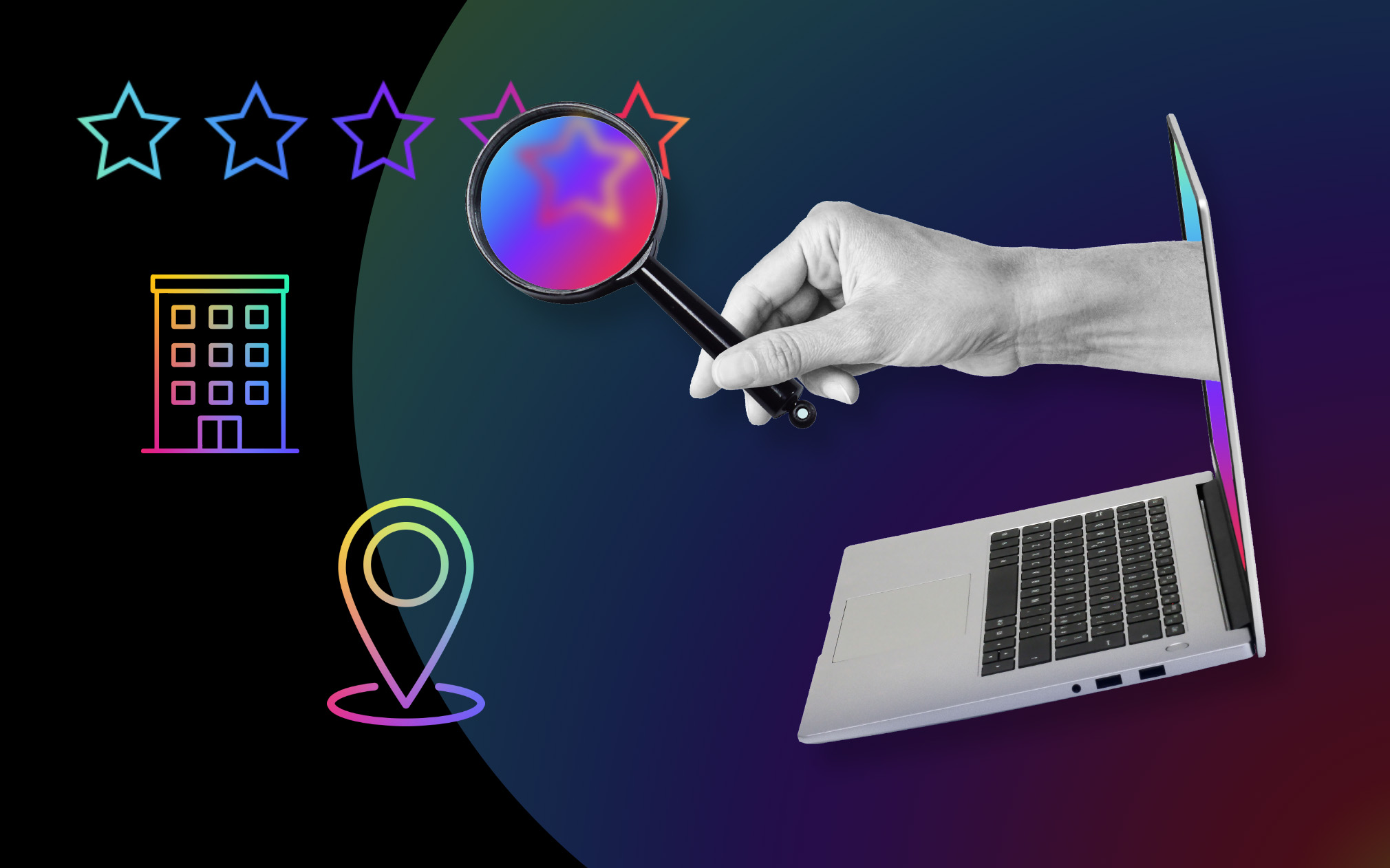 hand coming out of a laptop with a magnifying glass and icons related to multifamily Google Business Profile