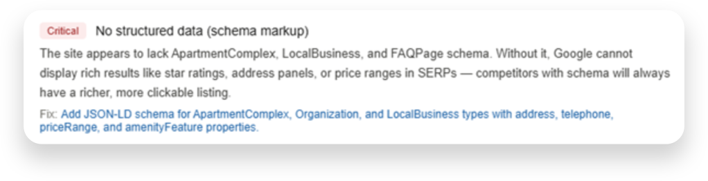 A screenshot showing an AI-powered response claiming a website has no structured data (schema markup)