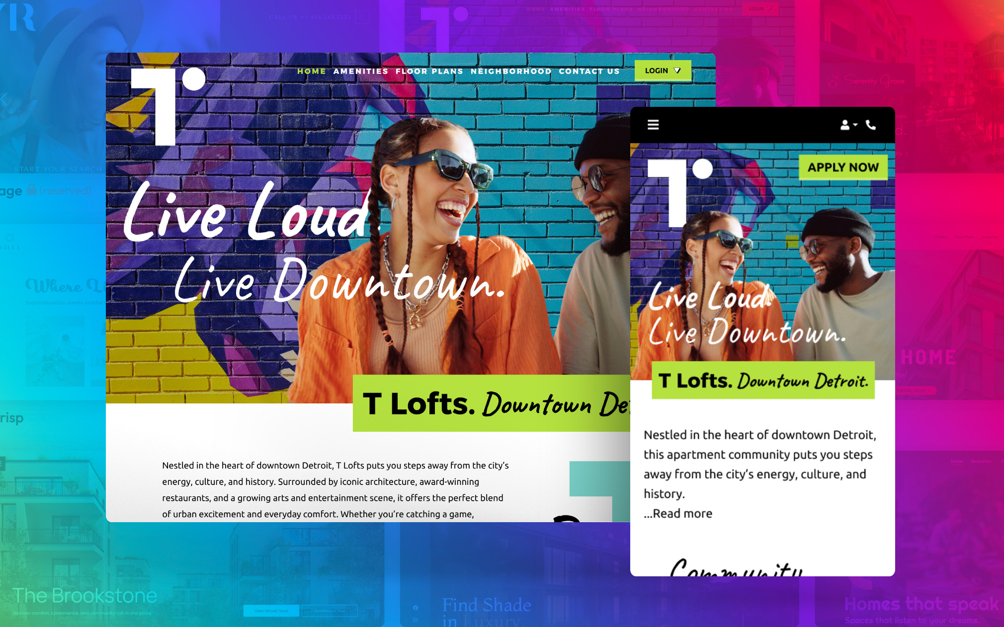 Signature themes for RentCafe websites shown over a rainbow gradient background
