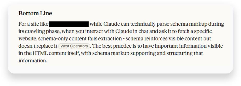 A screenshot of a Claude AI-powered answer about Claude not looking at schema markup during an apartment website audit