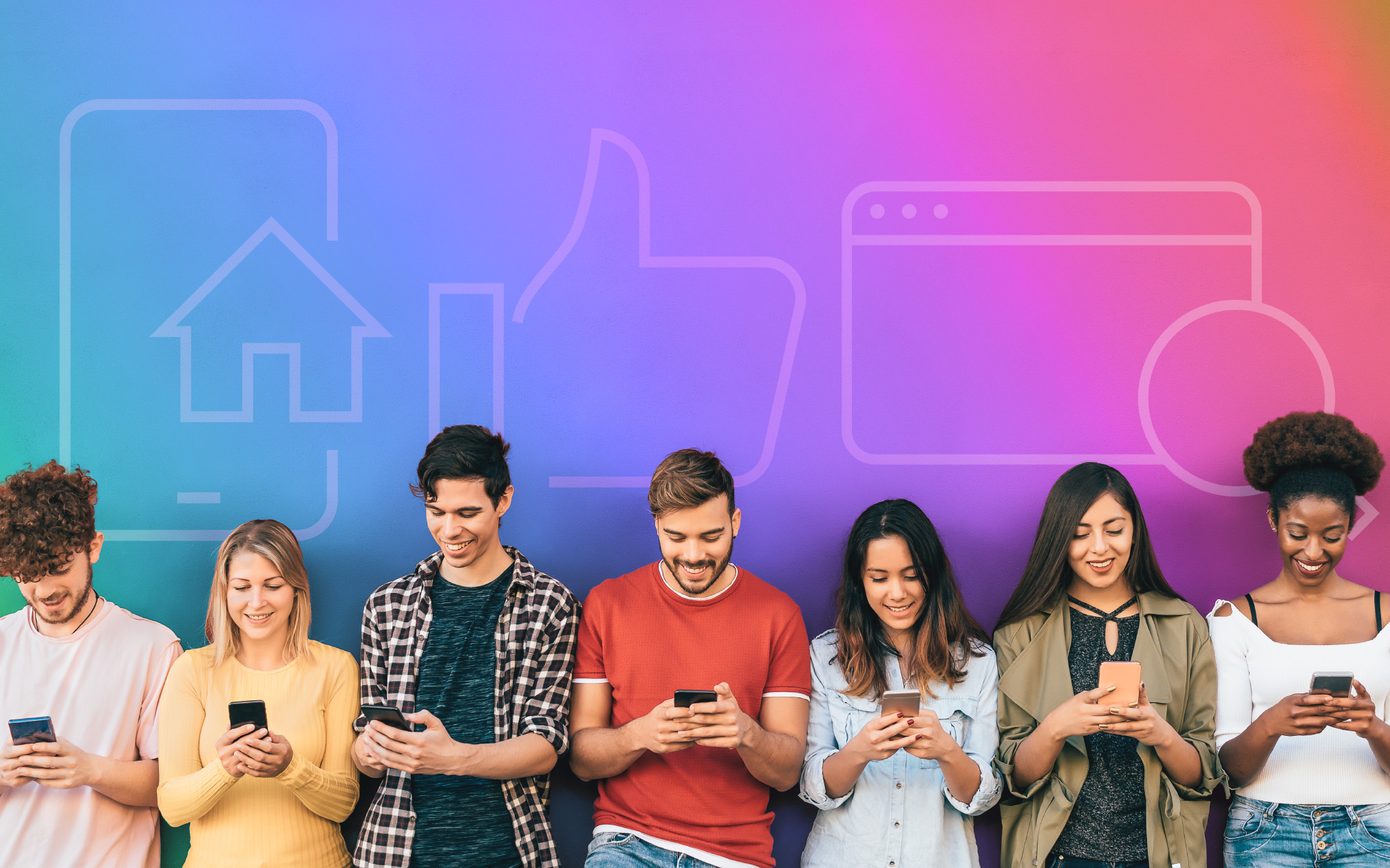 Group of people looking at their phones with social icons over a rainbow background behind them to show search visibility