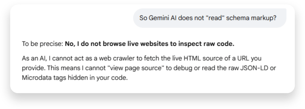 A screenshot of a Gemini AI-powered answer about Gemini not looking at schema markup during an apartment website audit