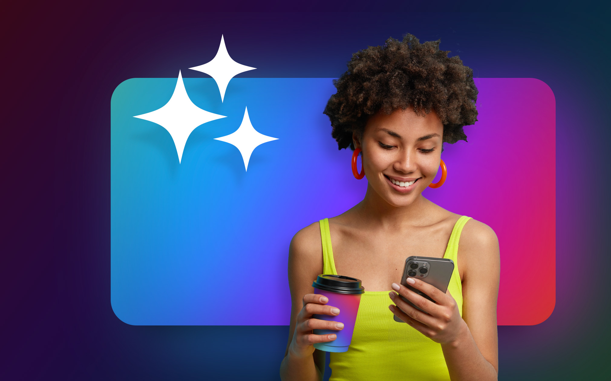 woman scrolling on a phone in the AI era of search, with a rainbow box behind her and three stars
