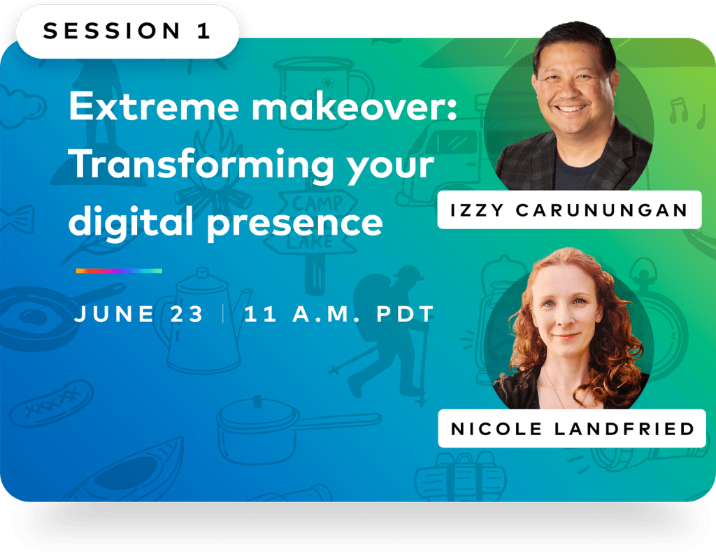 Headshots of Izzy Carunungan and Nicole Landfried and details for part 1 of an apartment marketing series, with text that says "Extreme makeover: Transforming your digital presence"