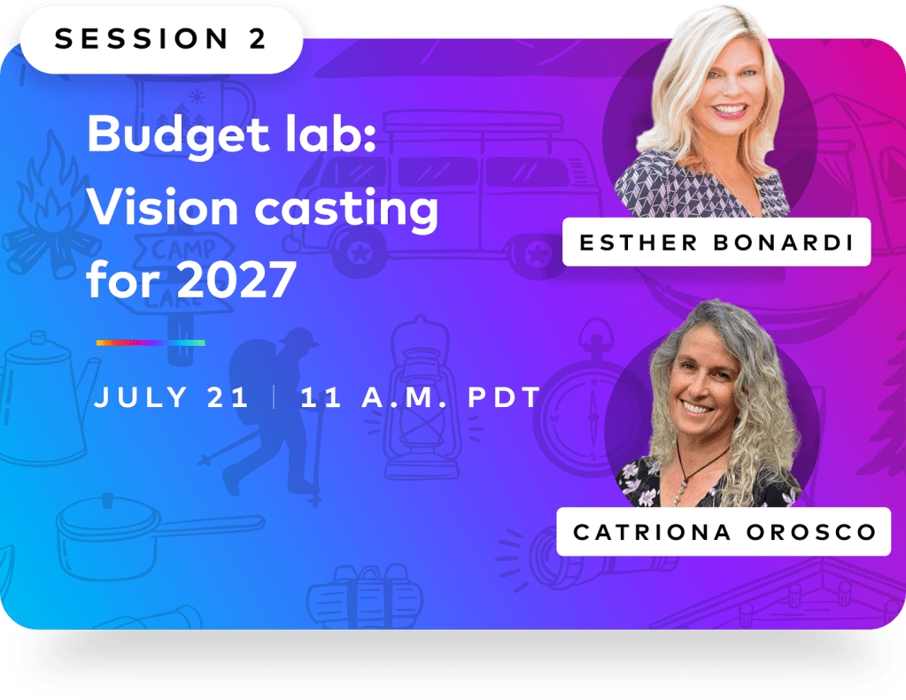 Headshots of Esther Bonardi and Catriona Orosco and details for part 2 of an apartment marketing series, with text that says "Budget lab: Vision casting for 2027"
