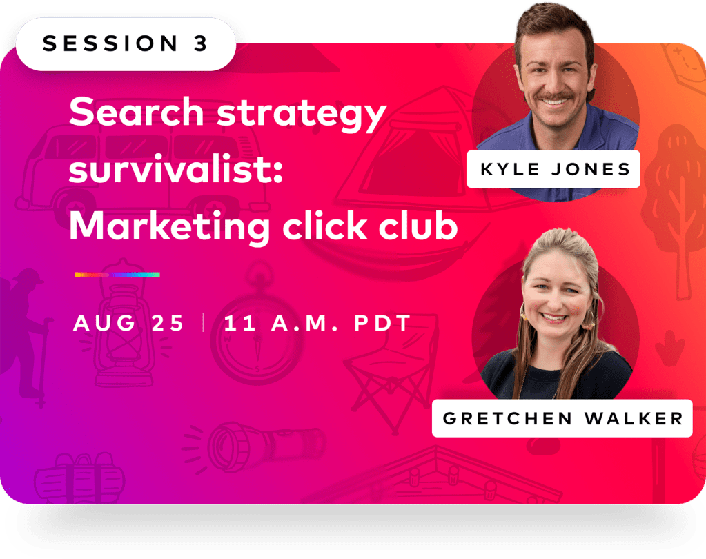 Headshots of Kyle Jones and Gretchen Walker and details for part 3 of an apartment marketing series, with text that says "Search strategy survivalist: Marketing click club"