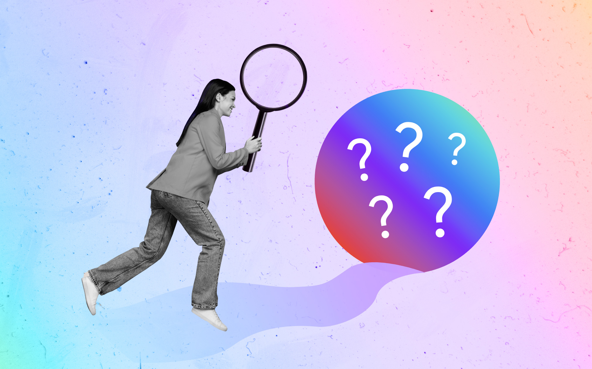 Individual in a gray outfit holding a magnifying glass running toward a colorful circle with question marks to represent apartment website myths