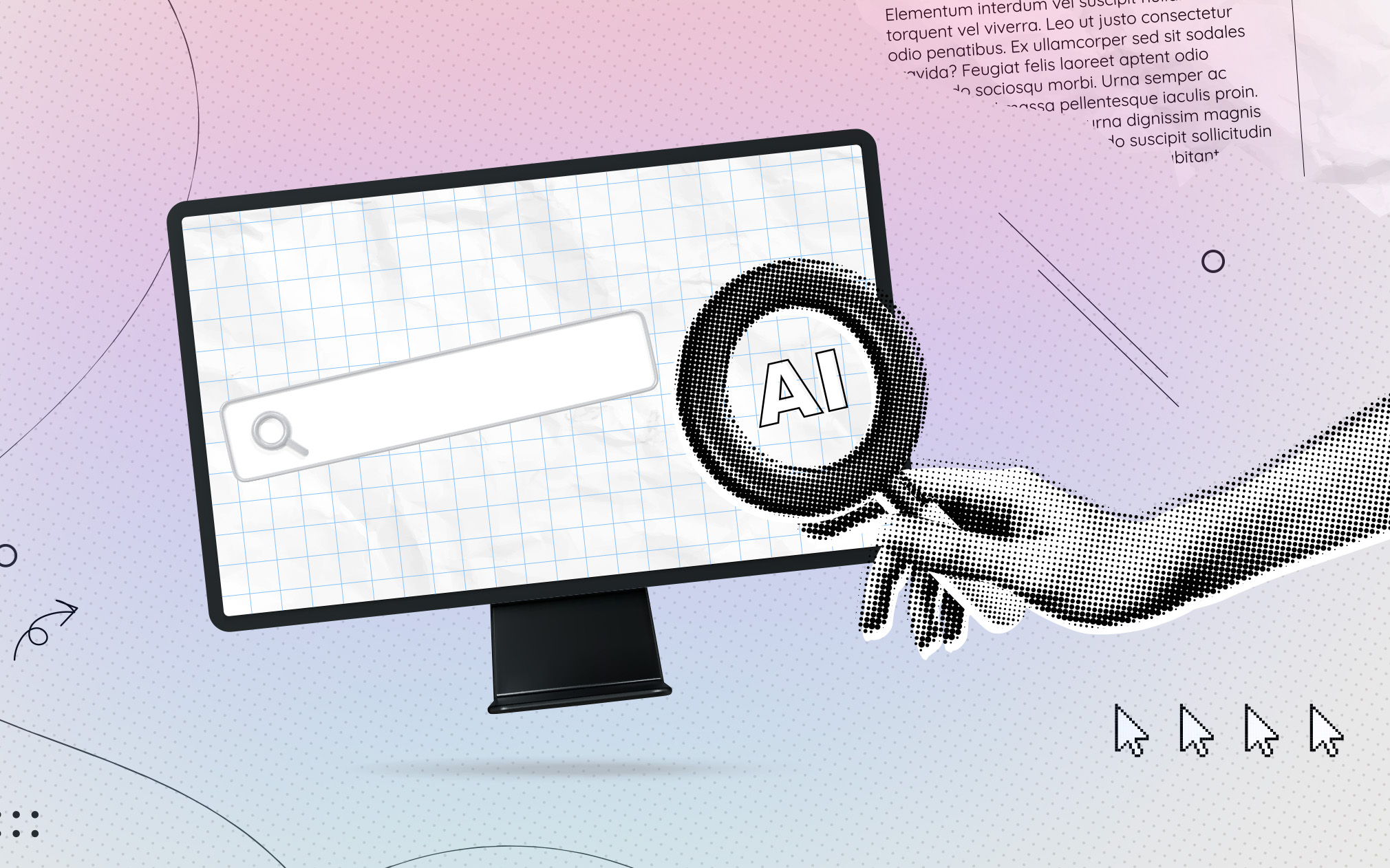 Collage of a hand looking for website content while holding a magnifying lens labeled "AI"